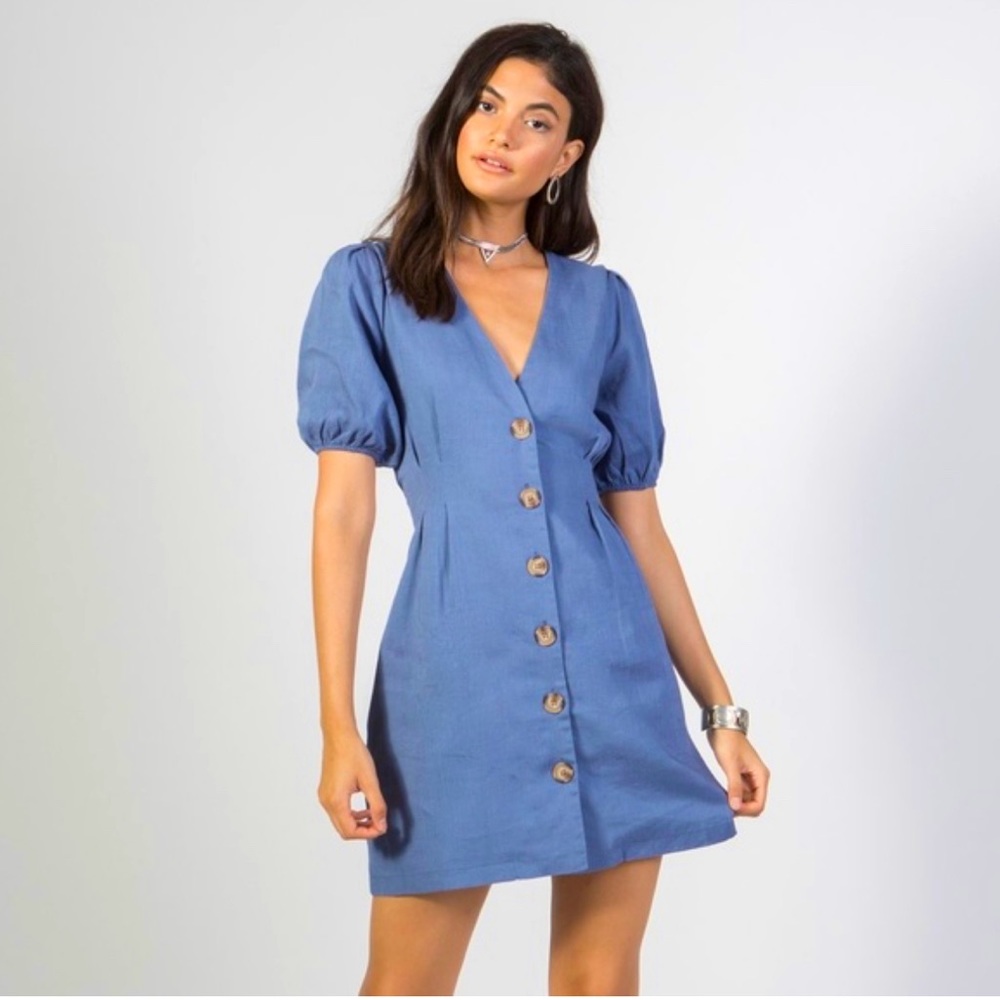 Denim look Puff Sleeve V-neck Button-up Mini Dress